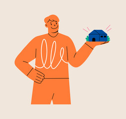 Man holding tiny houses. Real estate, property, housing, home concept. Colorful vector illustration
