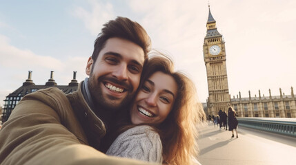 copy space, stockphoto, young couple taking a selfie against the background of London's Big Ben. Happy cheerful couple taking a selfie on a city trip in london. Famous must-see landmark. Travel concep