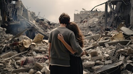 they hugged sadly seeing their home destroyed by war