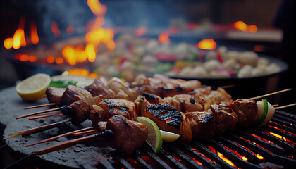 Delicious bbq Kebab Grilling on Open Grill Outdoor Kitchen on Blurry Background