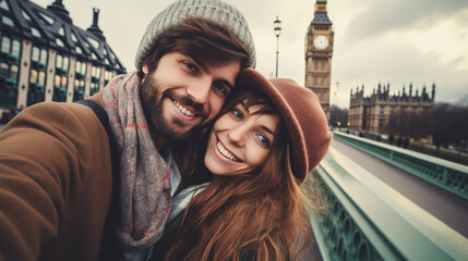 copy space, stockphoto, young couple taking a selfie against the background of London's Big Ben....