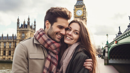 copy space, stockphoto, young couple taking a selfie against the background of London's Big Ben....