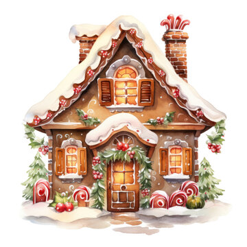 Watercolor Christmas gingerbread house on a transparent background, winter illustration