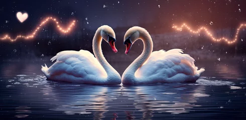 Fotobehang A picture of two white swans in the water with hearts in the water. With lighting. © zakiroff