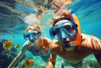 Couple snorkeling to see the beauty of coral and sea fish - obrazy, fototapety, plakaty
