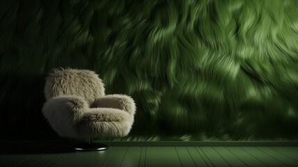 Modern stylish interior with olive green  fur fluffy armchair and abstract fur minimal wall. Generative AI