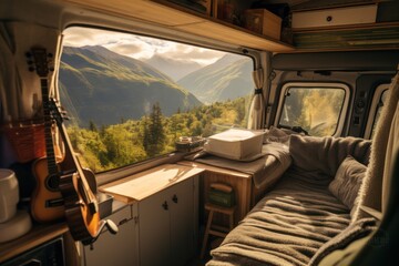 camper van interior parked in the morning in the mountains. Road trip and house on wheels concept.