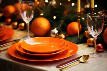 Christmas dinner table setting in orange color palette, tableware, candles and flowers decoration