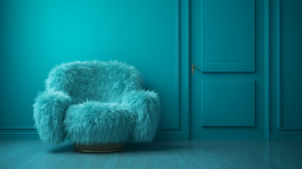 Minimal interior design of a empty turquoise room with fur armchair. Copy space. Boho style. Generative AI