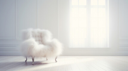 Minimal interior design of a luxury empty white room with fur armchair. Copy space.  Classic style. Generative AI - obrazy, fototapety, plakaty