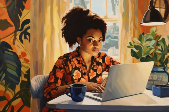 creative diverse woman working from home on laptop