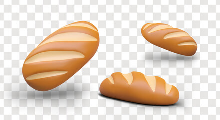 Sourdough bread with cuts, view from different sides. Set of isolated colored vector images. Illustrations for bakery, grocery store, supermarket. Bread loaf