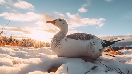 Obraz premium A lost wild young goose rolling down a hill in winter created with Generative Ai