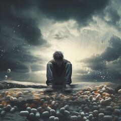 person suffering from pain on beach of pills and dark sky illustration. Non-opioid treatment for pain concept. Opioid crisis problem. Pharmaceutical industry issues. - obrazy, fototapety, plakaty