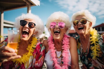 Happy smiling senior women in sunglasses having fun drinking cocktails on vacation. Female friends traveling in summer on cruise ship. - obrazy, fototapety, plakaty