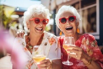 Happy smiling senior women in sunglasses having fun drinking cocktails on vacation. Female retired friends traveling. - Powered by Adobe