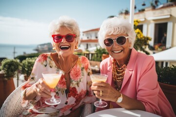 Couple of smiling senior women in sunglasses having fun drinking cocktails on vacation. Female retired friends traveling.