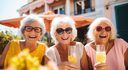 Happy smiling senior women in sunglasses having fun drinking cocktails on vacation. Female retired friends traveling.