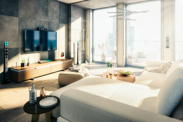 Cozy modern living room with stylish furniture and large window -  3D Visualization