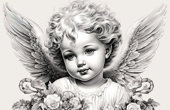 A black and white image of a child angel,