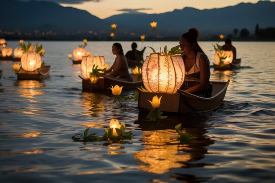 Fototapeta beautiful traditional Lantern floating Hawaii ceremony at night. Non western culture holiday celebration.