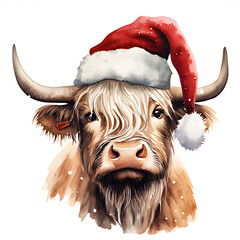 highland cow in santa's hat watercolor illustration..