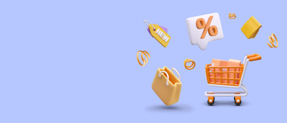 Creative shopping concept. 3D composition for online store advertising. Shopping cart with boxes, package, bag, percent sign, tag with mark new, decorative elements. Discounts, sale, new collection © ArtHub02