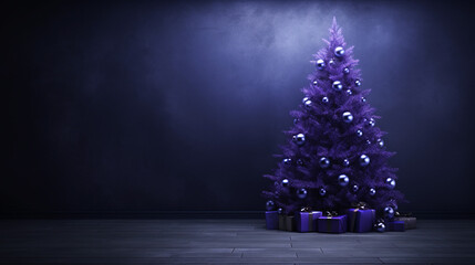 Christmas tree of trendy color Future Dusk. Christmas background of dark blue and futuristic hue, theme of transition for period of immense change.