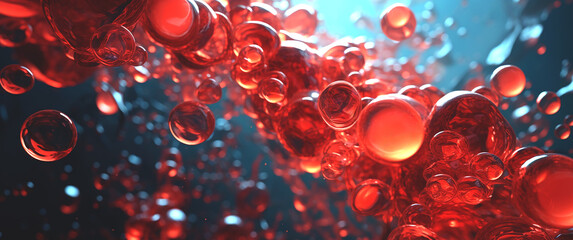 Pretty red bubbles background with dark colors, many perfect illuminated circles in various sizes floating under water, detailed, slightly defocused design made using Generative AI. - obrazy, fototapety, plakaty