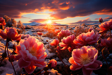 Colorful flowers growing in an autumn mountain landscape. Sunset colors with light snow. Shallow field of view.