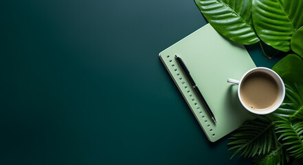 A light green desk in an office with a closed paper notebook, black pen, green leaves of ornamental grass and a cup of coffee. View from the top with copyspace for your text. Calm workspace concept. - obrazy, fototapety, plakaty