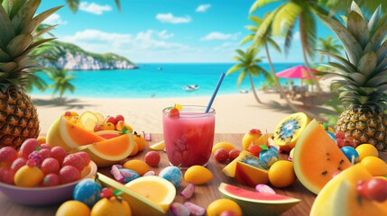 Watercolor Painting of Fresh Juice Coctail and Fruits Summer Tropical Beach Blurry Background