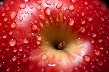 Close up of red apple fruit with stem with water drops
