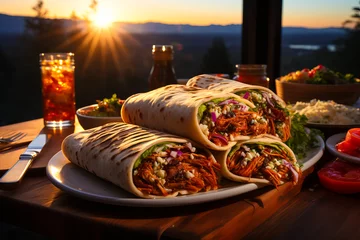 Fotobehang shawarma with grilled meat and salad tortilla wrap with white sauce served on plate © zamuruev