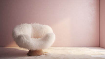 Fototapeta na wymiar Fur fluffy armchair on simple wall background. Minimal boho interior in pastel pink and white colors. Copy space. Generative AI