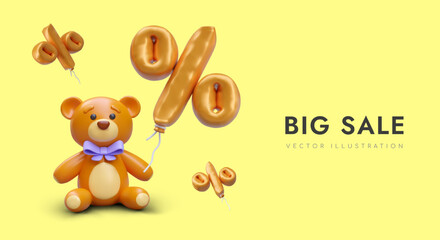 Big sale in toy store. Buying gifts for children in web store. 3d realistic teddy bear and gold balloon percent. Vector illustration with yellow background and place for text