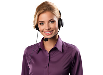 portrait of a young woman customer service representative wearing headphones in purple clothes with...