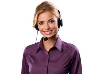 portrait of a young woman customer service representative wearing headphones in purple clothes with a gentle smile, providing support and assistance in call center