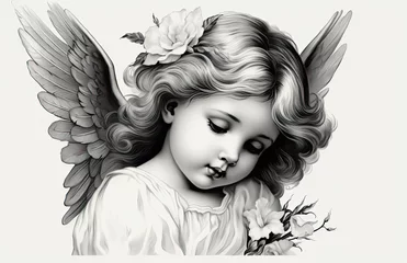 Deurstickers A black and white image of a child angel, white flower in the hair. © zakiroff