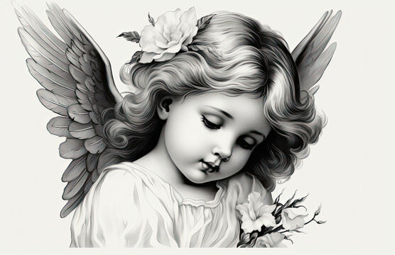 A black and white image of a child angel, white flower in the hair.