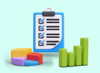 3D clipboard with checkbox, bar and pie chart. Concept of control of completed tasks, compliance with plan, accounting and analysis. Vector illustration in cartoon style
