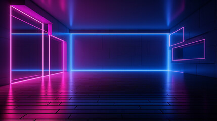 Interior of a empty dark modern room with blue and pink neon glowing light. Copy space. Generative AI 