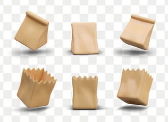 Open and closet eco packaging in different positions for food. Package with jagged edges for products with shadow. Vector illustration in 3d style in brown colors