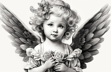 A black and white image of a child angel, white curly hair.