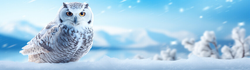 Obraz premium Banner with cute baby owl on isolated winter background. Postcard with copy space. Generative AI