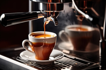 Fototapeta premium Close-up of espresso pouring from coffee machine. Professional coffee brewing