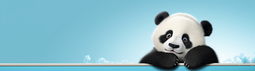 Fototapeta premium Banner with cute cartoon baby panda on isolated blue background. Generative AI