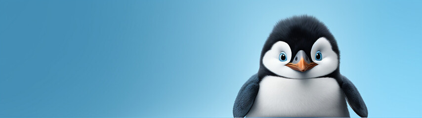 Fototapeta premium Banner or header with cute cartoon penguin baby on isolated blue background. Postcard with copy space. 