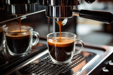 Fototapeta premium Close-up of espresso pouring from coffee machine. Professional coffee brewing