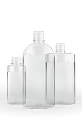 Transparent bottles on white background
